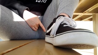 Public pussy rubbing and humping picnic table in grey tights