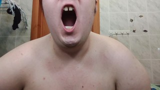 chubby man jerking and eating own cum