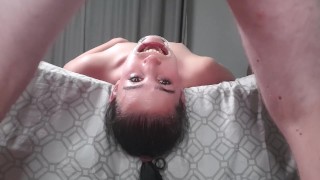 Drinking piss upside down with a lip retractor