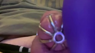 Caged sissy cumming with a vibrator 