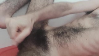 Quicky jerk-off moaning and splashing white cum on my hairy belly