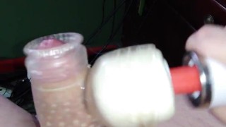 Oiled thick cock cums from vibrator wand