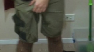 Tradie in hiviz shows his cock in the mirror