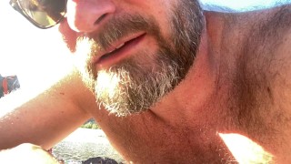 Naked Hairy Dad Talking Dirty on the Beach