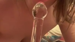 Tall Blonde Milf Spits on Glass Dildo and Plays with Tits