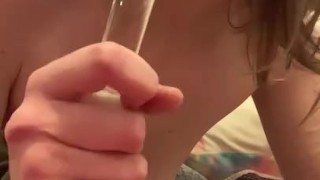 Tall Blonde Milf Spits on Glass Dildo and Plays with Tits