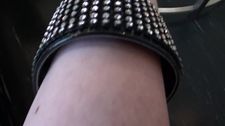 POV walking in platform stripper heels with blue toenail polish, toe rings and feet close ups
