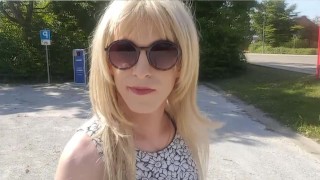 Tranny walking slipless in public and getting a great blowjob by a horny guy