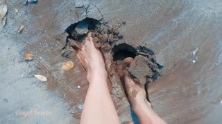 Tik Tok Topless girl walking on the public beach in wet sand 