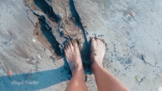 Tik Tok Topless girl walking on the public beach in wet sand 
