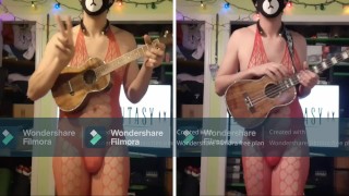 Curvy Femboy in Red Lingerie Plays the Ukulele