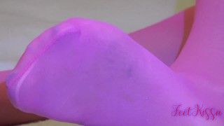 Pink stockings on shiny pantyhose