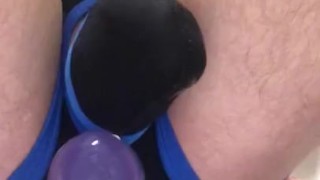 Cute smooth bottom boy rides big dildo until squirting in his underwear