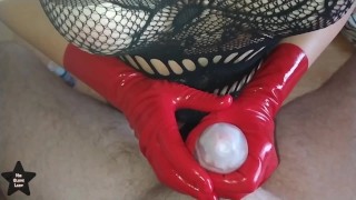 Handjob - Ruined fast 2 times in red latex gloves using tenga egg
