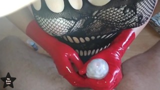 Handjob - Ruined fast 2 times in red latex gloves using tenga egg