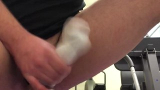 RISKY JERK OFF in a PUBLIC GYM wearing GAS MASK and USING someones DIRTY / SMELLY SOCKS for CUMSHOT