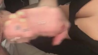 I cum all over her neck and cleavage after sexy quickie handjob