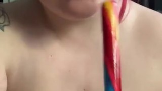 Alternative girl deepthroat’s colorful candy cane (Happy Holidays)