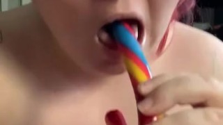 Alternative girl deepthroat’s colorful candy cane (Happy Holidays)