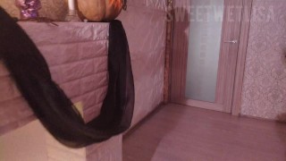 Sexy witch summoned demon in her teddy on Halloween and fucks with it till he cums in her mouth