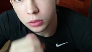 Sexy twink sucks his friend's dad's monster cock. Licked all the cum down to a drop