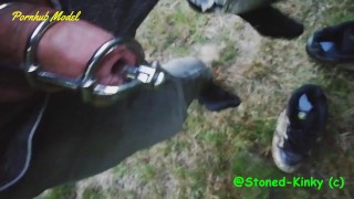 SK Outdoor pissing on my sneakers, sox & feet wearing urethal chastity