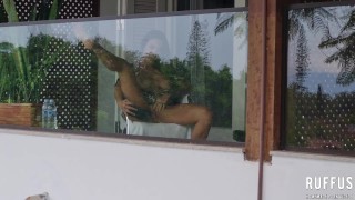 Spying on slut neighbor masturbating on balcony