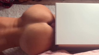 Naughty MILF with big ass mounts dildo and makes herself cum masturbating doggy style 
