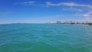 OPEN SEA Masturbation disturbed by Fishermen Boat # Pussy FUCK on SUP by Glass Dildo toy