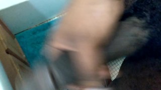 Jerking off my big black dick in bathroom