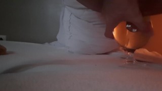 Horny crossdresser piss in glass