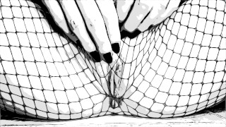 ASMR Fishnets in Comic Book style B&W with lots of moaning, wimpering, and long nails finger fucking