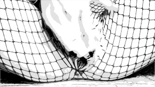 ASMR Fishnets in Comic Book style B&W with lots of moaning, wimpering, and long nails finger fucking
