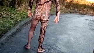 Sexy fishnet bodysuit in public