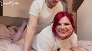 Redhead In Fuzzy Sweater and Knee High Socks Gets Fucked From Behind After Sucking Dick