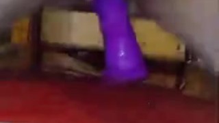 Chair fucking a 8 inch dildo