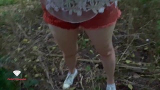 Redhead Milf goes for a walk and gets cum in her panties outdoors.