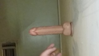 Chubby boy deep throats his dildo