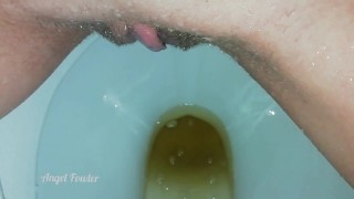 Piss in toilet. Washing hairy Pussy in period days. Close up. 