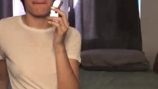 skinny hottie smokes and rubs body with oil