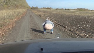 Pissing on the road in front of the car taking off panties mature bbw milf with a hairy pussy