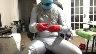 Handcuffing to chair on spandex gag, cock rub, leg stretch, and spanks