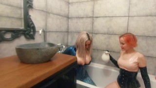 Bath relax in latex rubber with milk, romantic funny fetish video