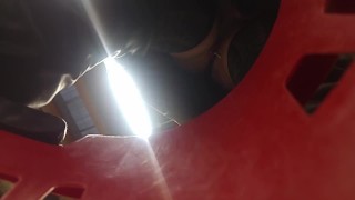 Sissy in chastity cage and two buttplugs underskirt at market & public cum at parking