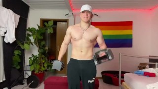 18 year old fighter/bodybuilder working out at hame abs chest and arms
