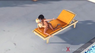 Hot sex in L.A. Sexy ebony dickgirl plays with young blonde in luxurious villa