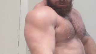 Bodybuilder Sweaty Naked Flex Before Shower. Beefy Big Hairy Musclebear Alpha Hung Cock Bull Cocky 