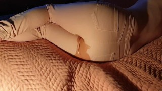 ⭐ Lazy Pee, Bedwetting Girl In Pink Jeans - Watch My Glistening Wet Patch Spreading