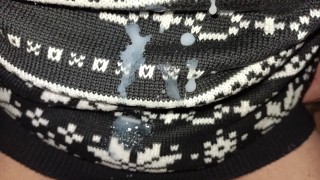 Twink cums on sweater outdoor and shows close up his cum mess