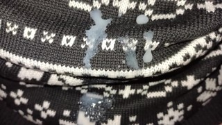 Twink cums on sweater outdoor and shows close up his cum mess